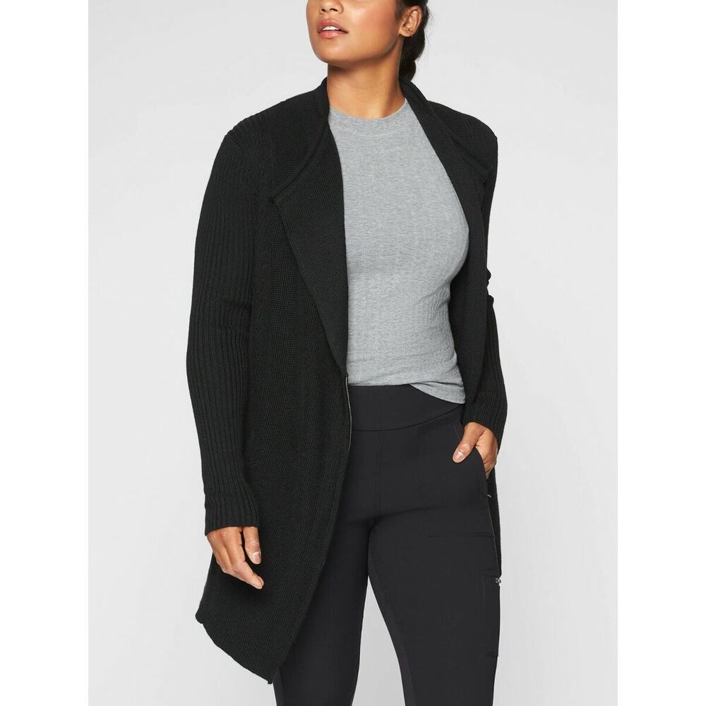 Athleta Sentinel Sweater Coat Wrap Merino Wool Blend Long Moto Cardigan, Black